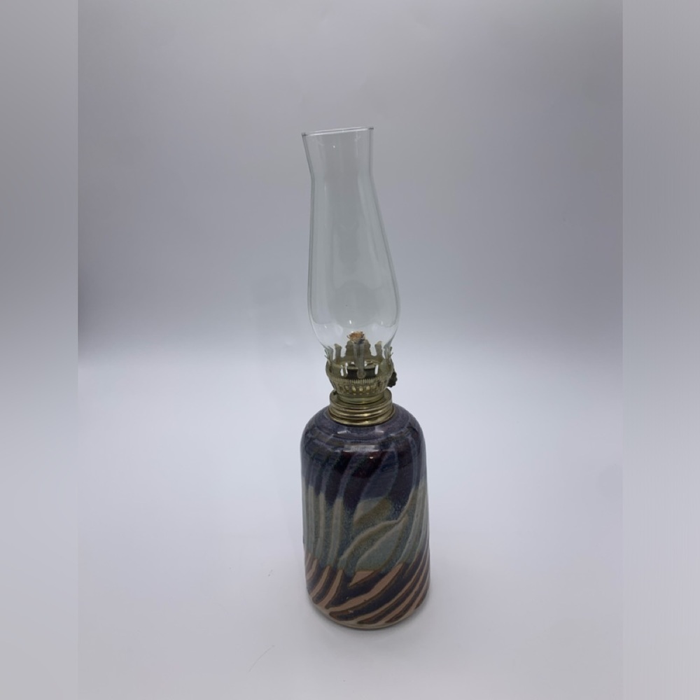 Susan Balentine Stoneware Studio Art Pottery Cylinder Oil Lamp W/ Globe Signed